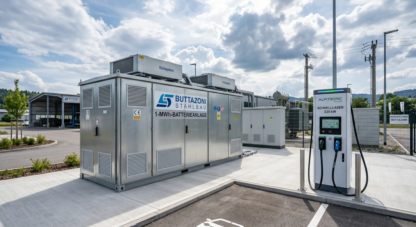 1-MWh-Batterieanlage in Containern und 320-kW-Schnelllader auf dem Werksgelände von Buttazoni Stahlbau
