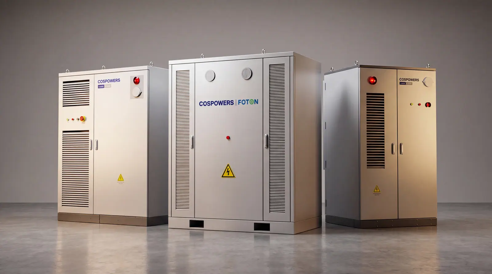 Drei Cospowers-Containerspeicher im Studio — Gewerbe- und Industrie-Großspeicher