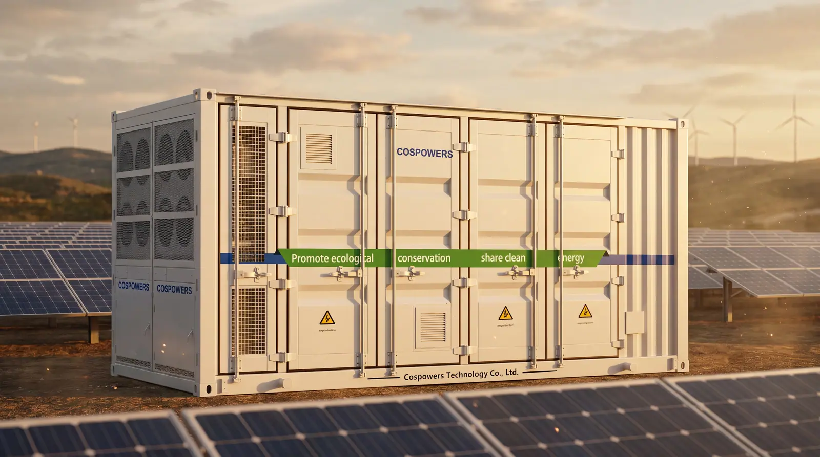 Containerbasierter Cospowers-Großspeicher (BESS) vor Solarpark und Windrädern — Batteriespeicher im Megawatt-Maßstab