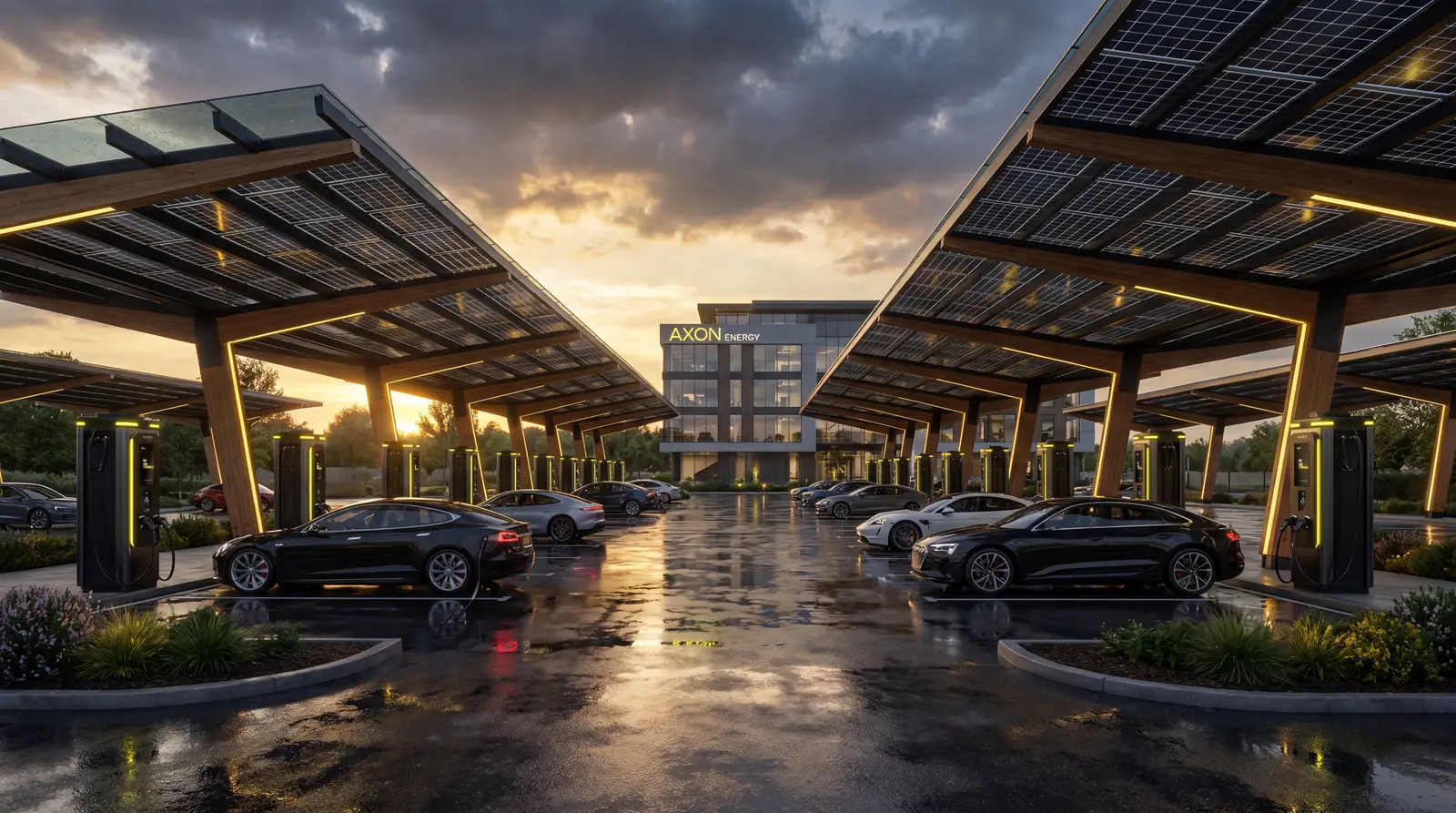 Großer Solar-Carport-Ladepark bei Sonnenuntergang mit mehreren DC-Schnellladern und Fahrzeugen