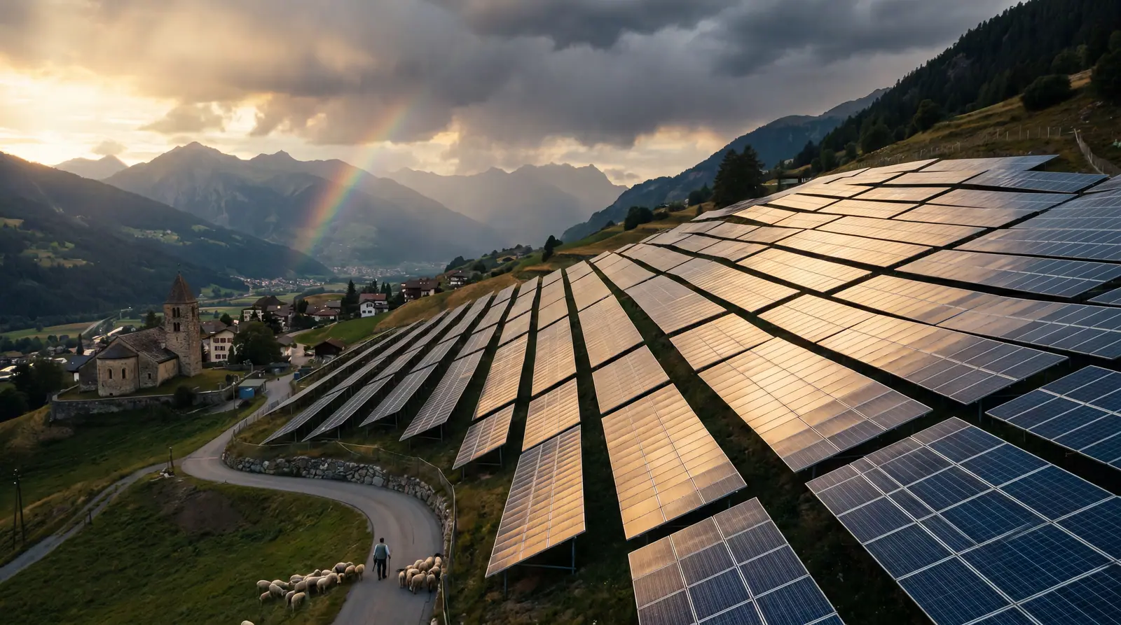 Hangaufgeständerte Photovoltaik-Anlage in alpiner Landschaft