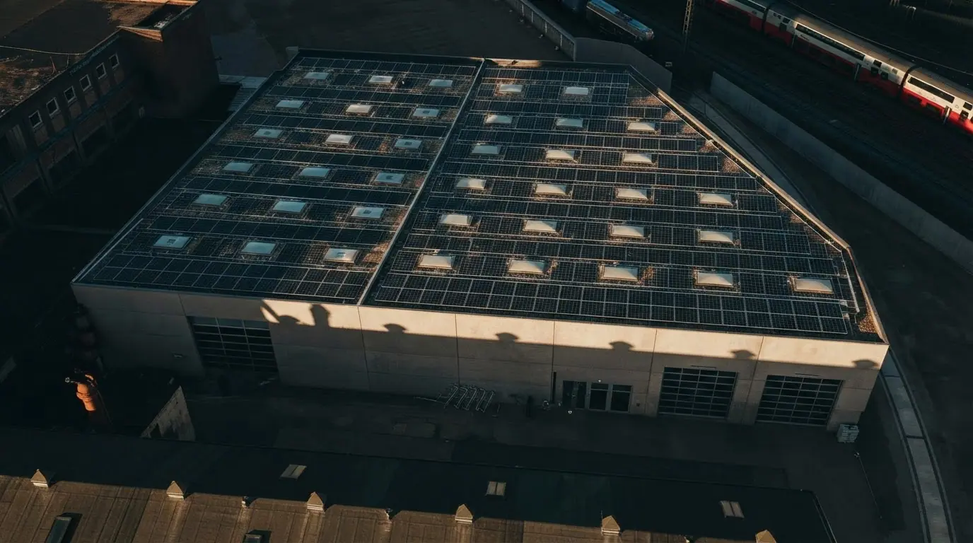 Photovoltaik-Aufdachanlage aus der Drohnenperspektive — Gewerbehalle mit vollflächig belegtem Moduldach in der Abendsonne