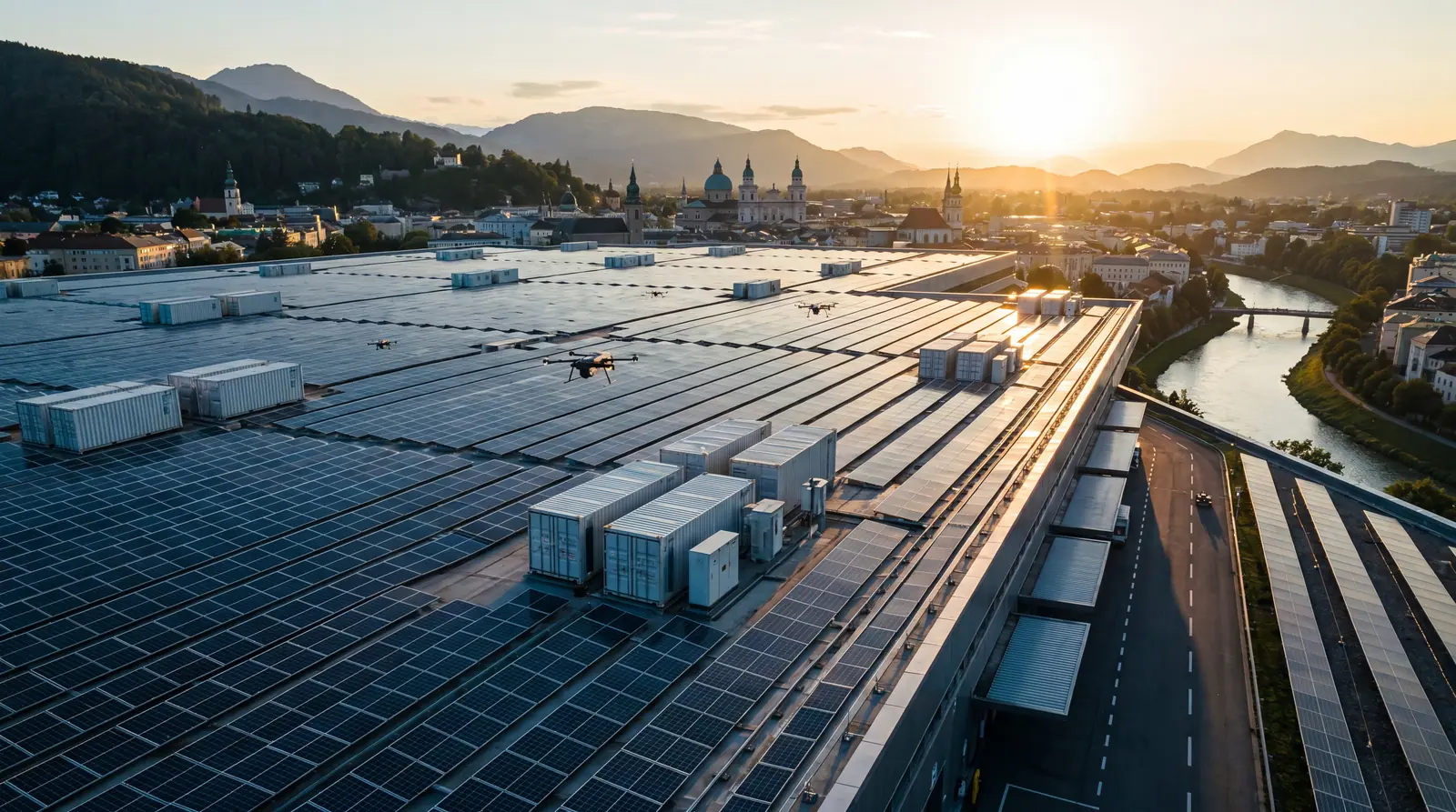 Großflächige Dach-Photovoltaik über einer Stadt bei Sonnenaufgang