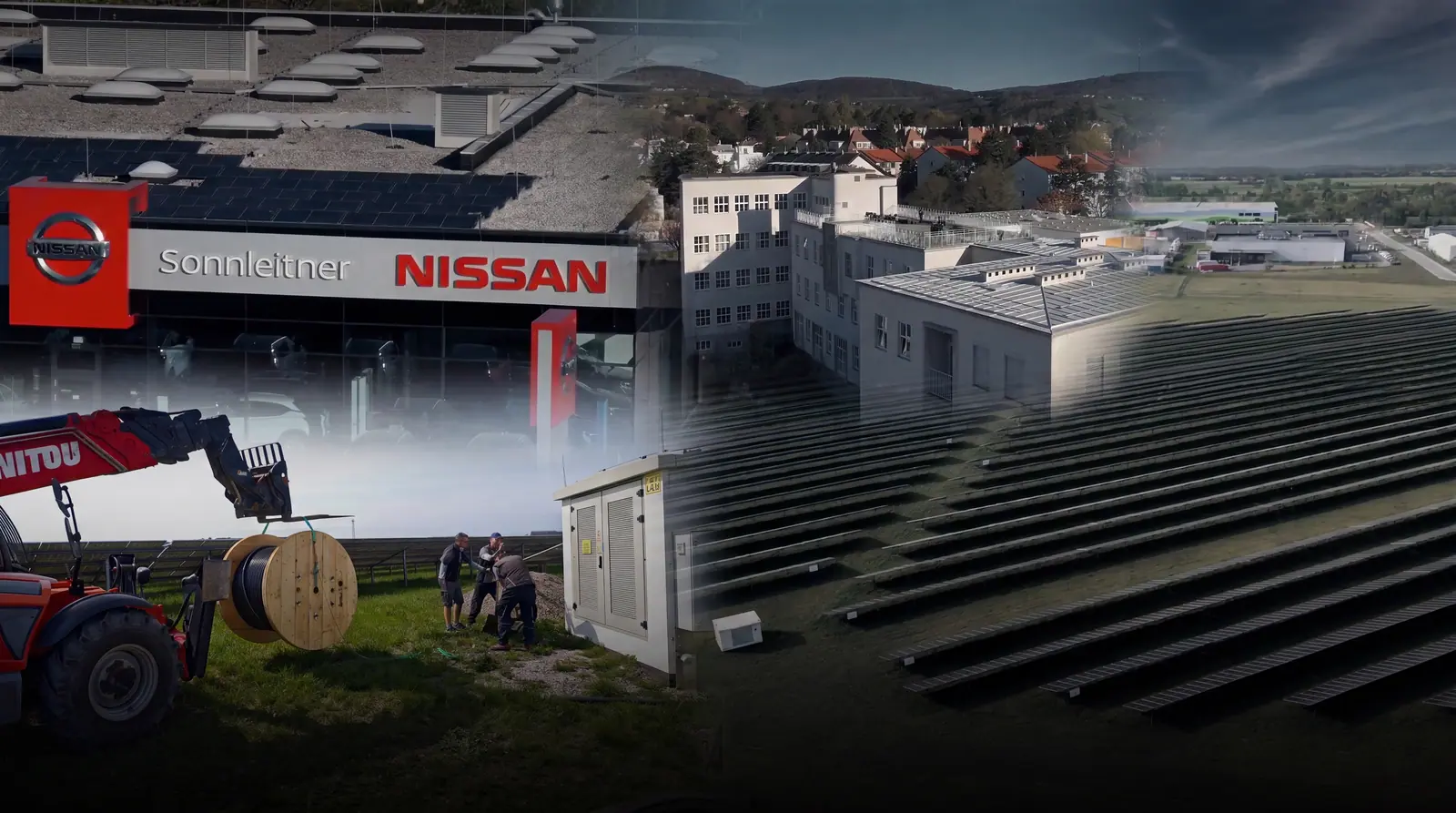 Montage abgeschlossener wcharge-Projekte — Ladestandorte, Photovoltaik und Baustelle