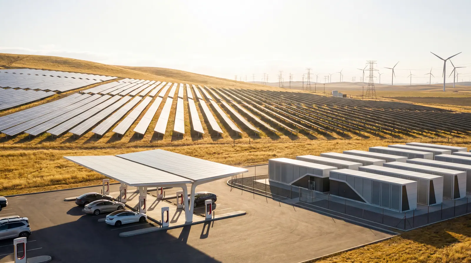 Energie-Infrastruktur in einer Landschaft — Ladepark, Solarfeld und Batteriespeicher zusammen