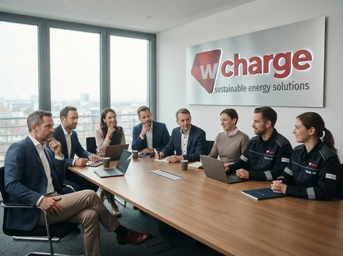Das wcharge-Team im Besprechungsraum der Zentrale — Planung, Vertrieb und Montage an einem Tisch